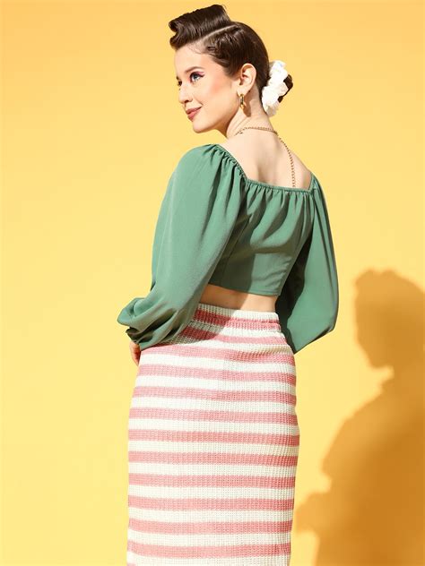 Berrylush Women Solid Sage Green Sweetheart Neck Front Tie-Up Crepe Cr