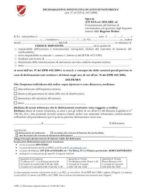 Compilabile Online DICHIARAZIONE SOSTITUTIVA (artt. 46 e 47 del D.P.R ...
