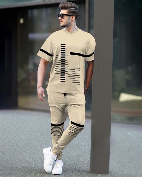 Tracksuit For Men - Half Sleeve Beige T-shirt / Beige Printed Trackpan ...
