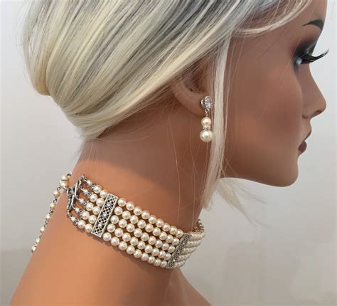 Pearl Choker Necklace with backdrop and Earrings 5 strands Swarovski ...