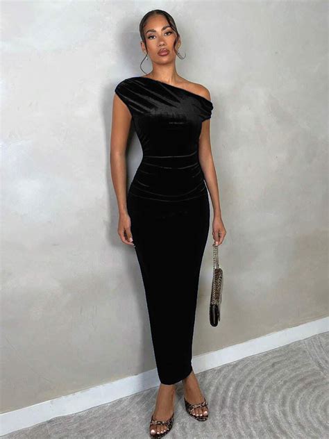 Stretchable Velvet Off Shoulder Drape Dress