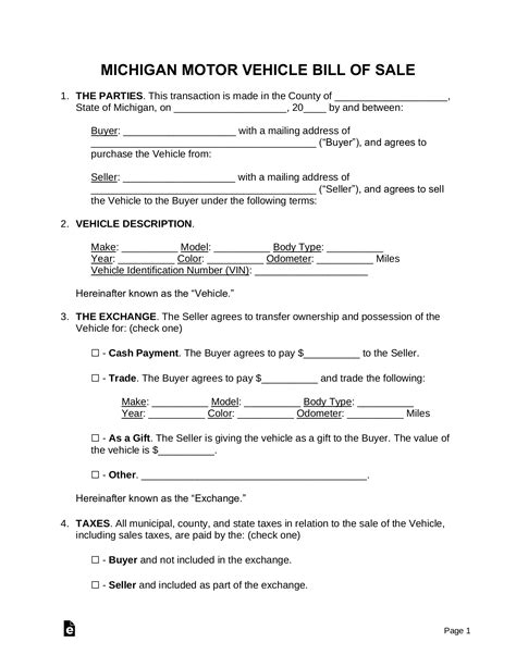 Free Michigan Bill of Sale Forms (5) - PDF – eForms