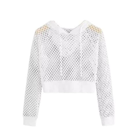 Buy Prachikfashions Stylish Fishnet Drawstring Cut Out Hooded Crop ...