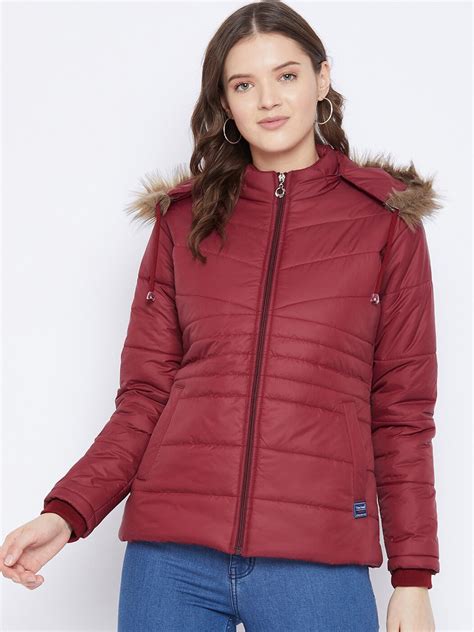 Buy VERO AMORE Women Maroon Solid Insulator Puffer Jacket With Faux Fur ...