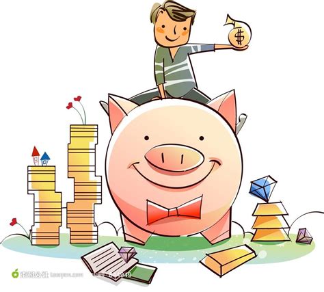 骑在猪存钱罐上的可爱卡通男孩_素材公社_tooopen.com