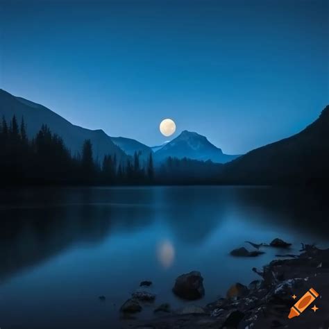 Moonlit lake surrounded by mountains on Craiyon