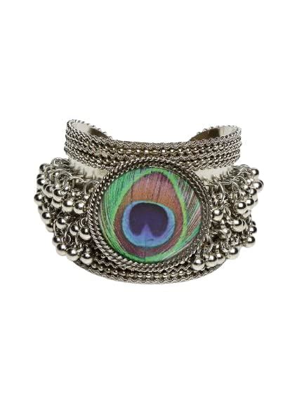 Buy Indus Bella German Oxidised Silver Ghungroo Peacock Cuff Tribal ...