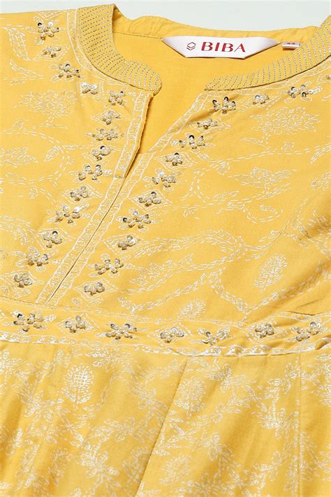 Yellow Cotton Anarkali Dress at Biba India