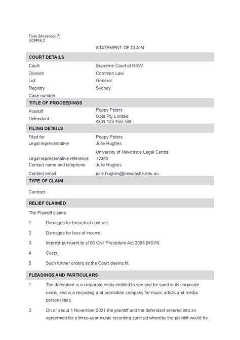 Sample statement of claim - Form 3A (version 7) UCPR 6. STATEMENT OF ...