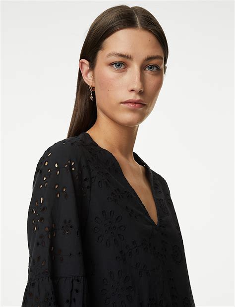 Buy Pure Cotton Broderie V-Neck Blouse at Marks & Spencer