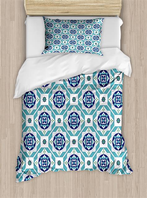 Spanish Duvet Cover Set Twin Size, Geometric Old Azulejo Motif with ...
