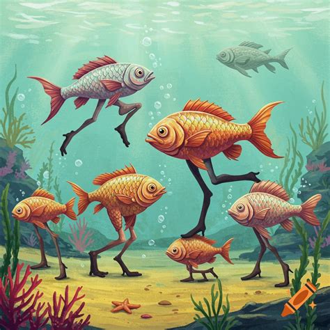Fish with legs walking on the ocean floor on Craiyon