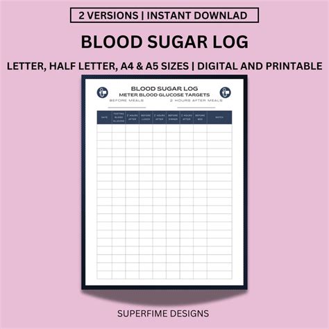 Buy Blood Sugar Tracker Printable, Glucose Diabetes Log (a4/letter ...