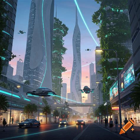 A futuristic city street scene with towering buildings, flying vehicles, ground cars, and ...