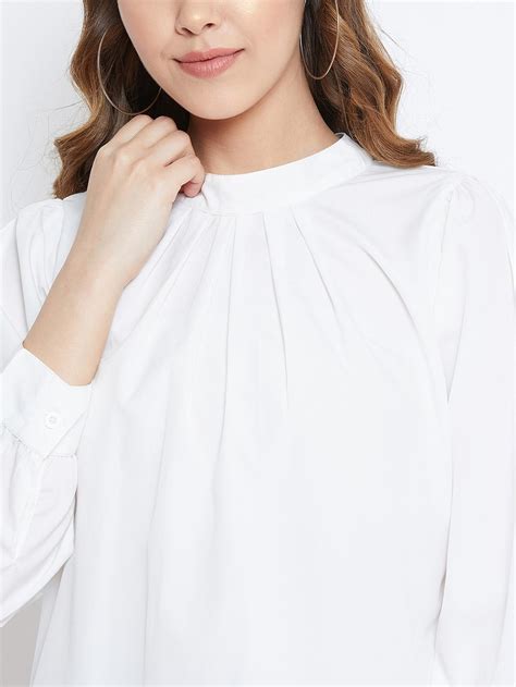 Women Solid White High-Neck Pleated Top - Berrylush