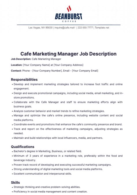 Free Cafe Marketing Manager Job Description Template to Edit Online