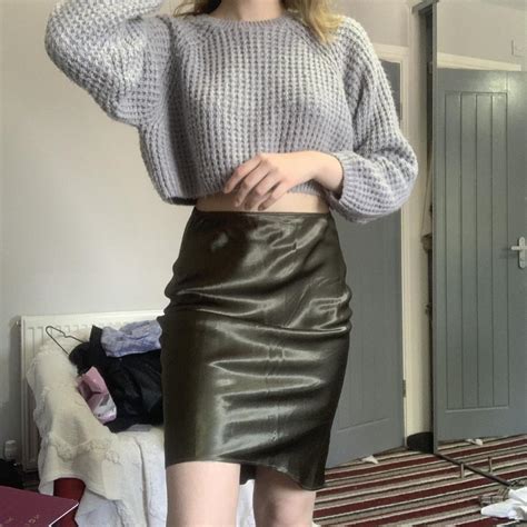 Topshop khaki green satin midi skirt in perfect... - Depop