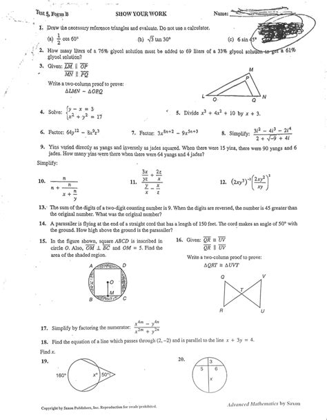 Saxon Advanced Mathematics Test Form 5B - EECE 2750 - Studocu