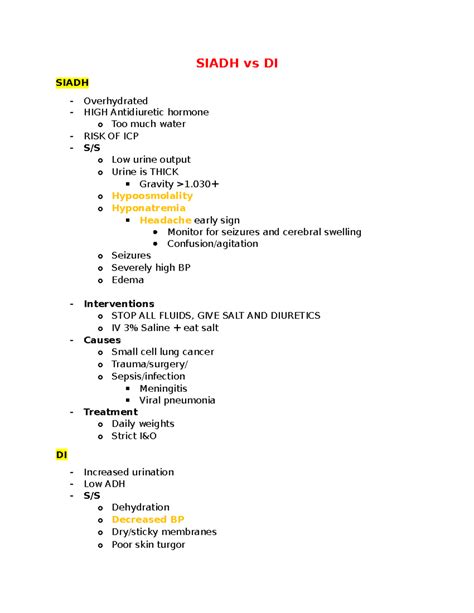 Siadh vs DI - notes - SIADH vs DI SIADH Overhydrated HIGH Antidiuretic ...