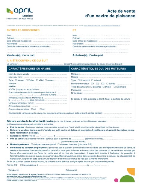 2021-2026 Formulaire FR April Marine Acte de Vente Dun Navire de ...