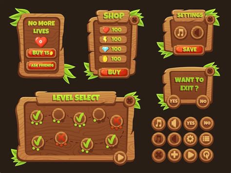 Ui game buttons wooden board gaming interface elements cartoon user ...