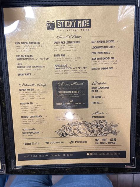 Menu at Sticky Rice restaurant, Orlando