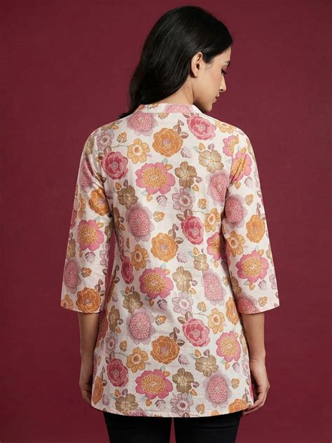 Off White Floral Print Pure Cotton Top Crafted for Relaxed Casual Wear