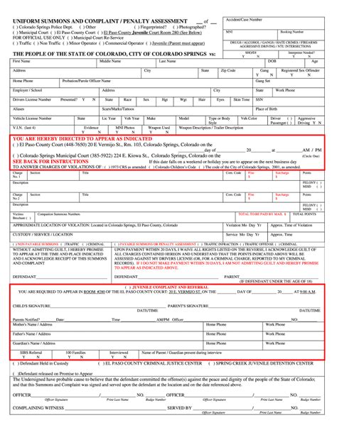 CO Uniform Summons and Complaint Penalty - Blank Fillable Template ...