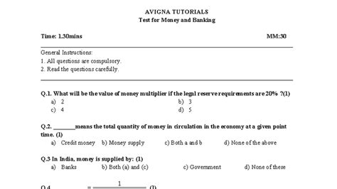 TEST Money and Banking 2023: AVIGNA TUTORIALS Exam Guide - Studocu