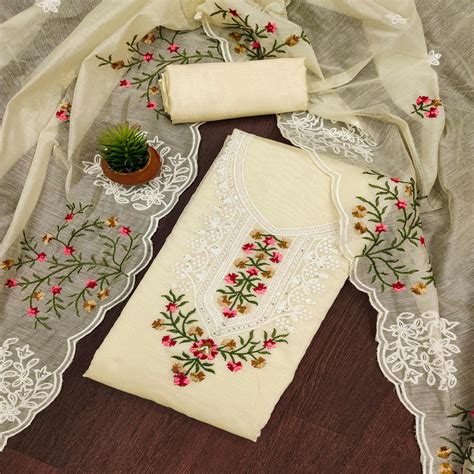 Cream Floral Sequins Embroidered Chanderi Cotton Dress Material