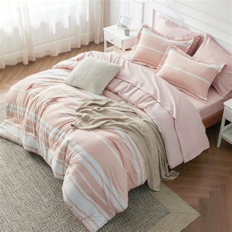 Amazon.com: Bedsure Queen Comforter Set 7 Pieces, Light Pink Striped ...