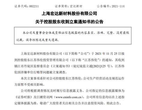 上海宏达新材控股股东因涉嫌单位行贿罪问题被立案调查-企业内部控制协会|企业反舞弊联盟工作委员会