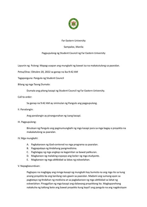 Katitikan ng Pulong - Lesson in Filipino sa Piling Larang - Far Eastern ...