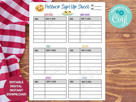 EDITABLE Potluck Sign up Sheet Printable for Potluck Party - Etsy