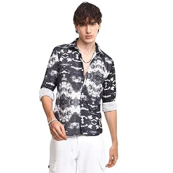 Campus Sutra Men's Midnight Black & Ivory White Reptilia Shirt for ...