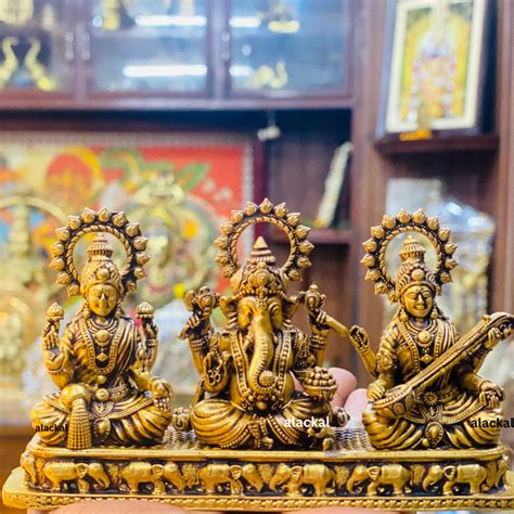 BRASS LORD GANESHA, SARASWATI DEVI AND LAKSHMI DEVI IDOL FOR POOJA RIT ...