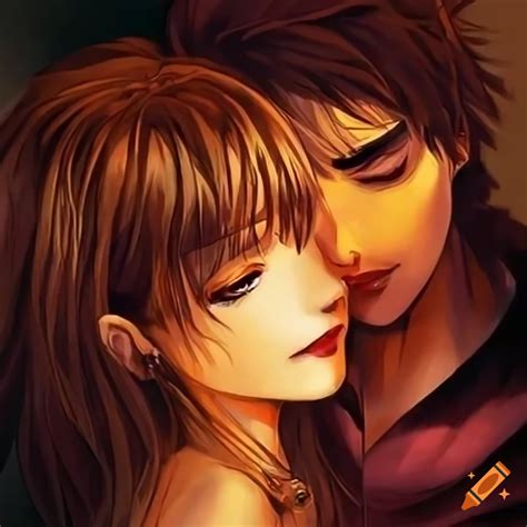 Romantic manga-style couple in ocher, orange, and yellow colors on Craiyon