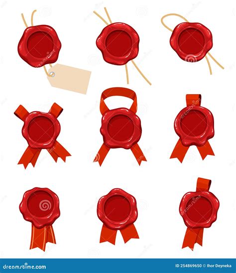 Set of Red Wax Seals with Ribbons and Ropes. Vector Illustration Stock ...