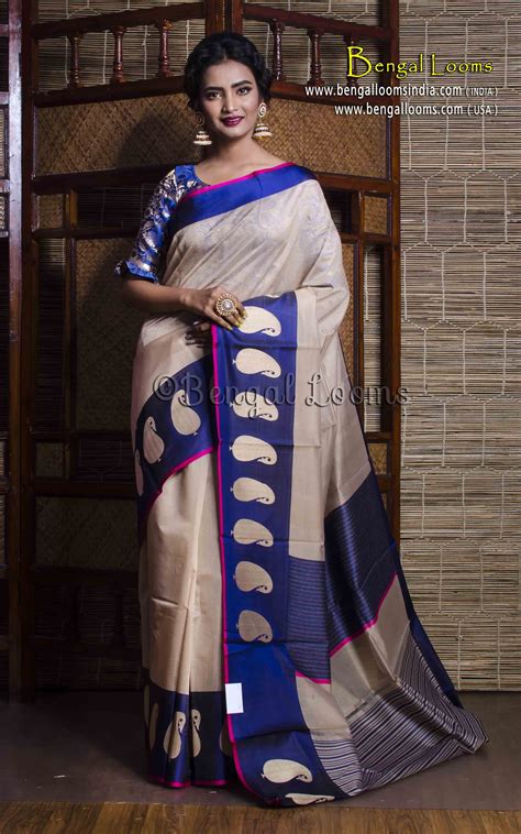 Cotton Silk Banarasi Saree with Satin Border in Beige and Blue – Mohi ...