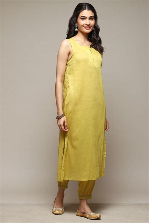 Lime Green Cotton Blend Layered Kurta Suit Set