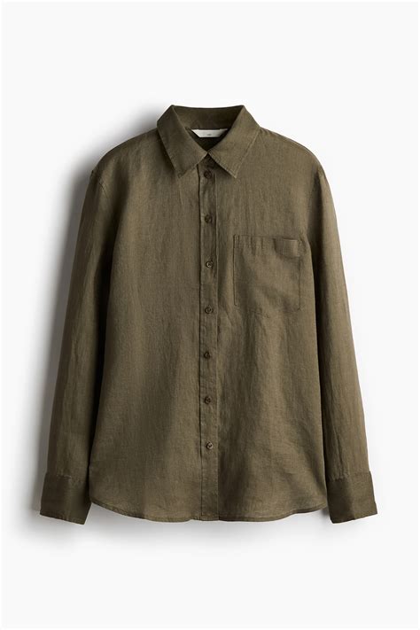 Linen shirt - Dark khaki green - Ladies | H&M IN