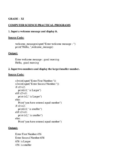 Grade XI CS Practical Programs: Input, Output & Patterns - Studocu