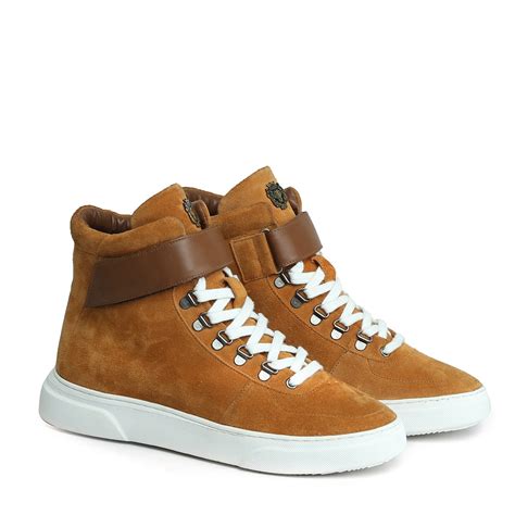 Mid-Top Sneakers in Camel Suede Leather Lace-Ups with Contrasting Leat