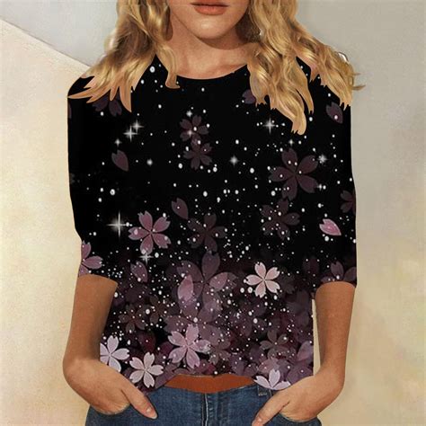Dorinao Women's Spring Round Neck Regular Printed Loose Casual Seven Quarter Sleeve T Shirt ...