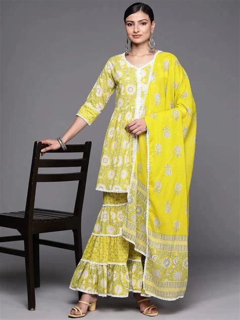 Buy Lime Green Printed Cotton Anarkali Kurti With Sharara & Dupatta ...