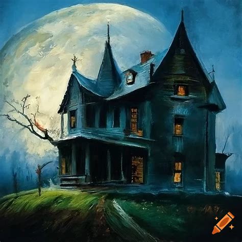 Oil painting of a haunted halloween house on Craiyon