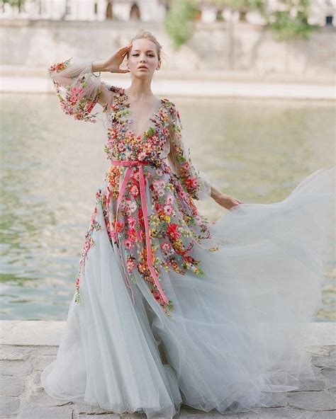 UNREAL floral embellished wedding dress by Marchesa | Floral wedding gown, Colored wedding ...
