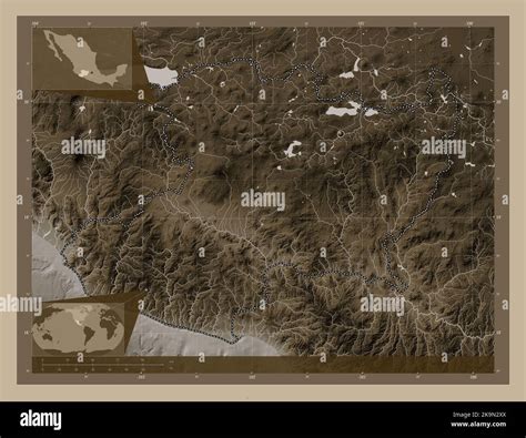 Michoacan, state of Mexico. Elevation map colored in sepia tones with ...