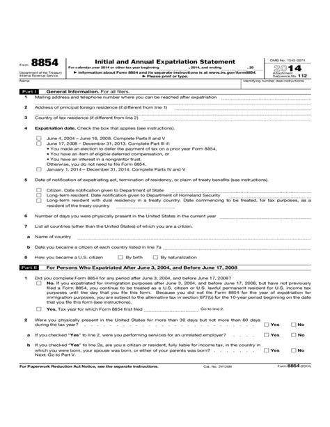 Fillable Form 8854 - Initial And Annual Expatriation Statement - 2012 ...