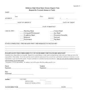 Fillable Online rhsbands Appendix B Robinson High School Band Absence ...